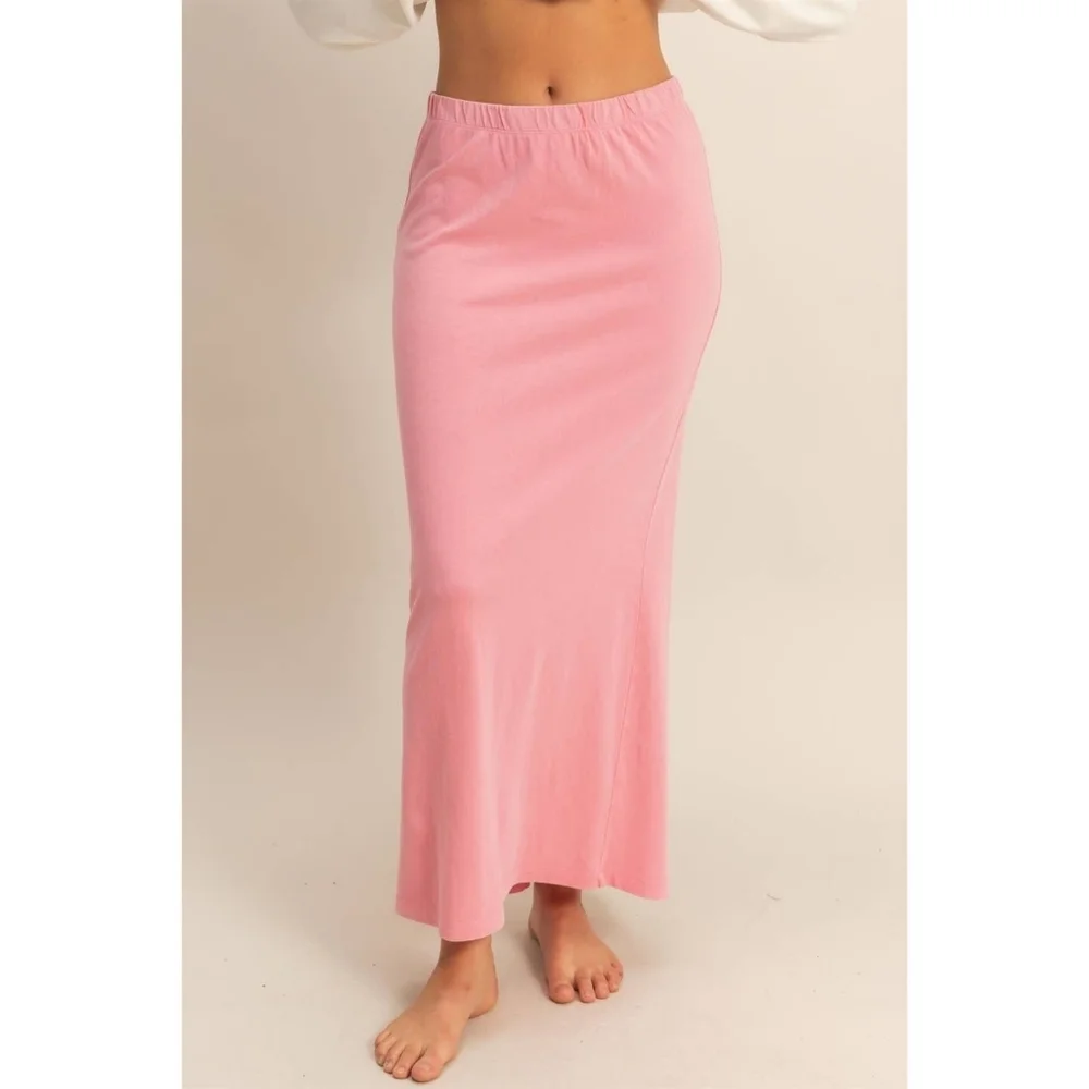 Cozy Cotton Jersey Mineral Washed Maxi Skirt with Back Slit Blush Pink